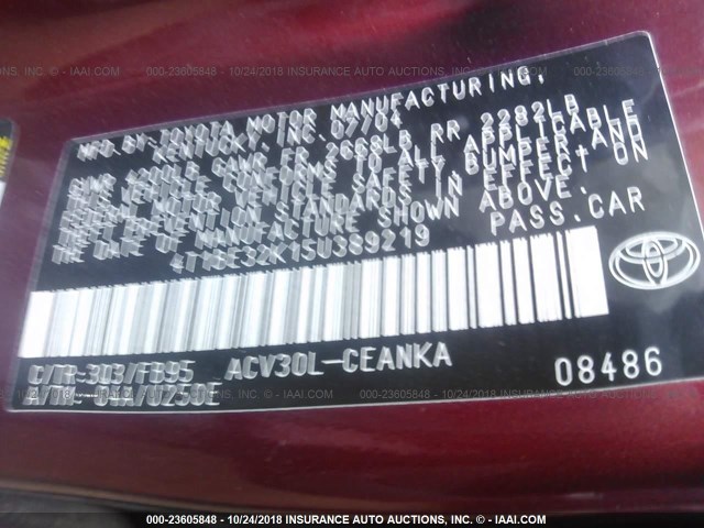 4T1BE32K15U389219 - 2005 TOYOTA CAMRY LE/XLE/SE MAROON photo 9