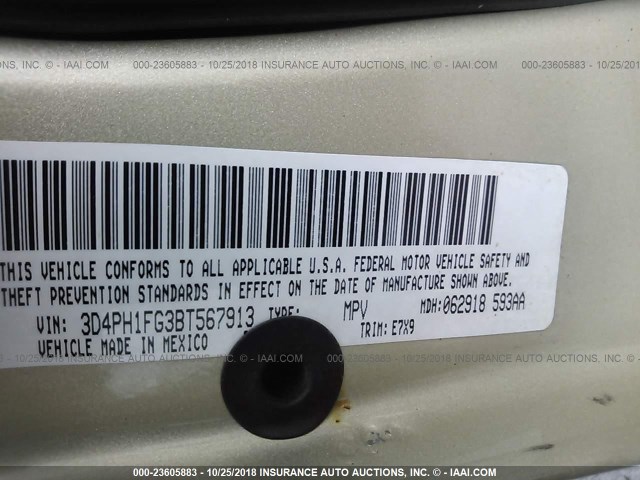 3D4PH1FG3BT567913 - 2011 DODGE JOURNEY MAINSTREET GOLD photo 9