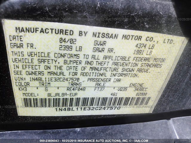 1N4BL11E32C247570 - 2002 NISSAN ALTIMA SE BLACK photo 9