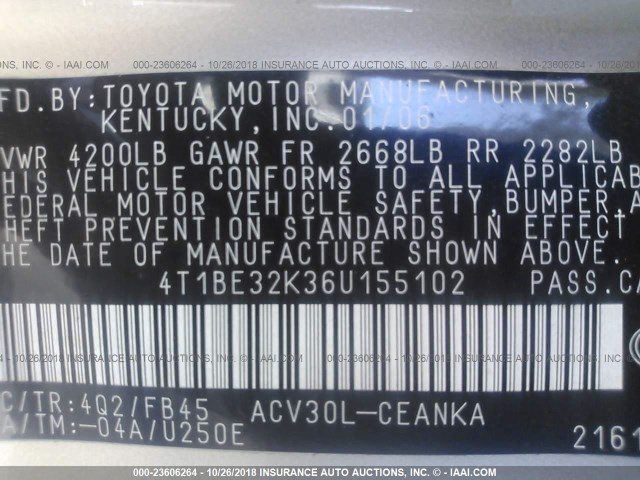4T1BE32K36U155102 - 2006 TOYOTA CAMRY LE/XLE/SE GOLD photo 9