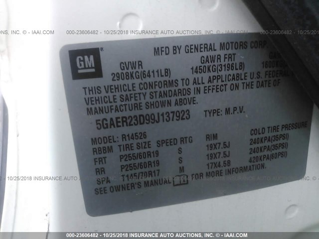 5GAER23D99J137923 - 2009 BUICK ENCLAVE CXL თეთრი ფოტო 9