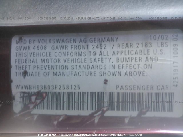 WVWRH63B93P258125 - 2003 VOLKSWAGEN PASSAT GLX MAROON photo 9