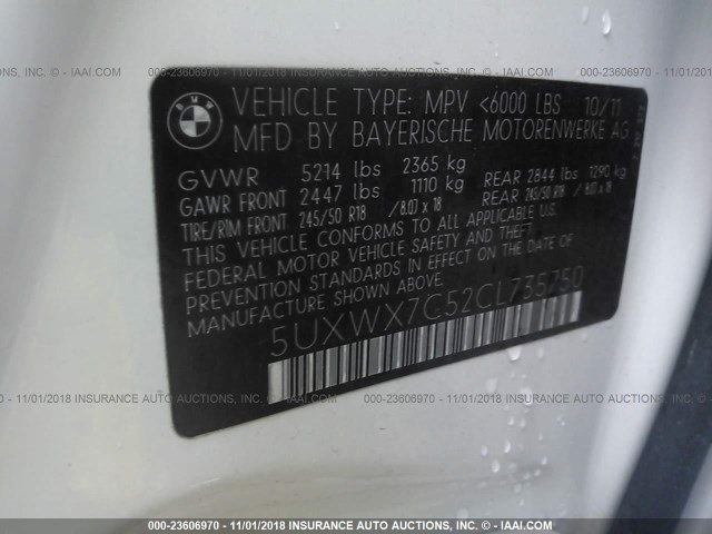 5UXWX7C52CL735750 - 2012 BMW X3 XDRIVE35I WHITE photo 9