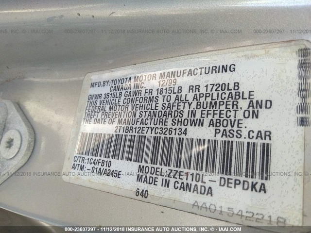 2T1BR12E7YC326134 - 2000 TOYOTA COROLLA VE/CE/LE 灰色 照片 9