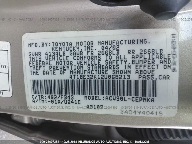 4T1BE32K12U068213 - 2002 TOYOTA CAMRY LE/XLE/SE TAN photo 9