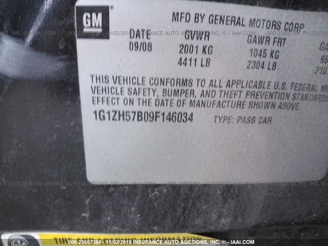1G1ZH57B09F146034 - 2009 CHEVROLET MALIBU 1LT BLACK photo 9
