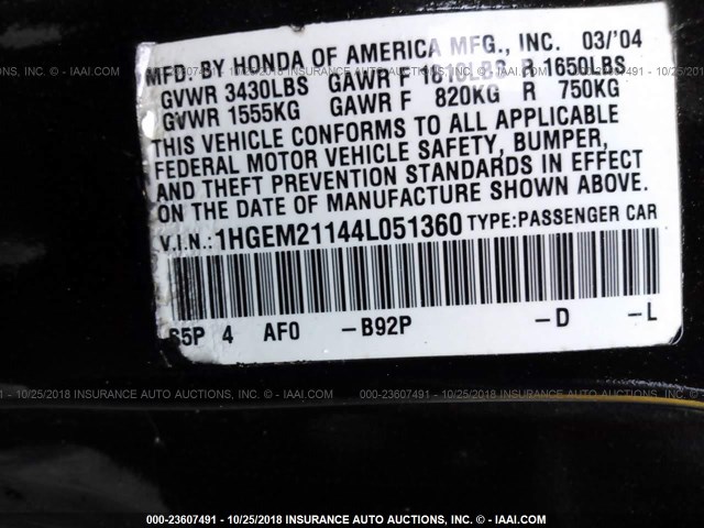 1HGEM21144L051360 - 2004 HONDA CIVIC DX VP BLACK photo 9