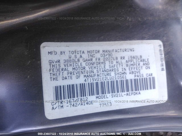 4T1SV21E2LU210561 - 1990 TOYOTA CAMRY DLX GRAY photo 9