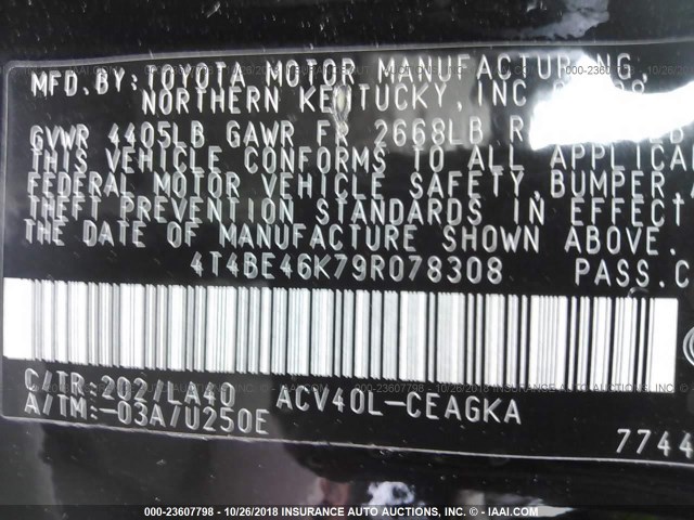 4T4BE46K79R078308 - 2009 TOYOTA CAMRY SE/LE/XLE BLACK photo 9