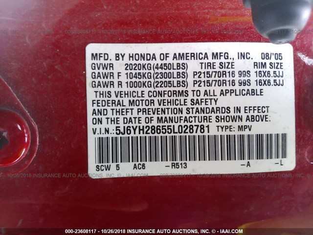 5J6YH28655L028781 - 2005 HONDA ELEMENT EX RED photo 9