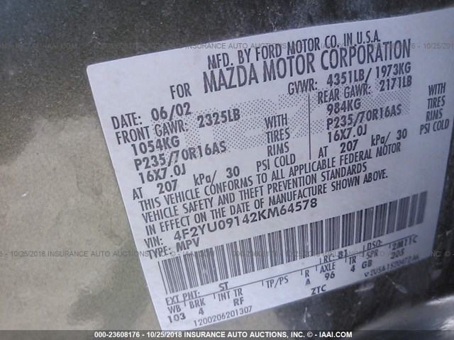 4F2YU09142KM64578 - 2002 MAZDA TRIBUTE LX/ES 绿色 照片 9