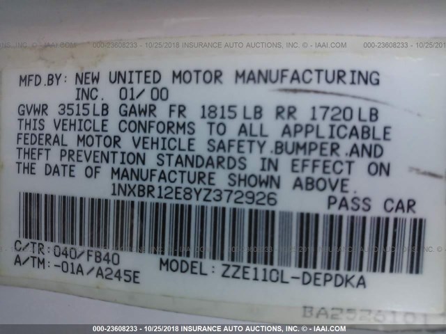 1NXBR12E8YZ372926 - 2000 TOYOTA COROLLA VE/CE/LE 白色 照片 9