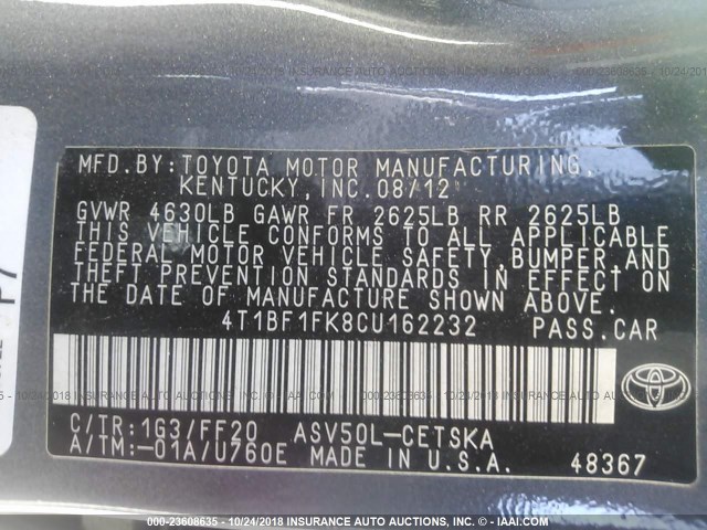 4T1BF1FK8CU162232 - 2012 TOYOTA CAMRY SE/LE/XLE GRAY photo 9