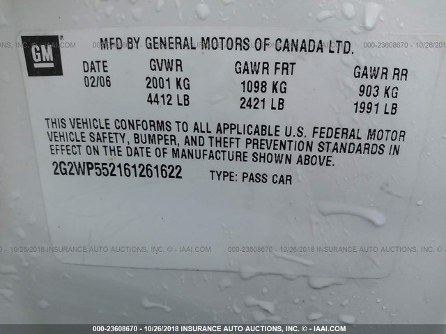 2G2WP552161261622 - 2006 PONTIAC GRAND PRIX WHITE photo 9
