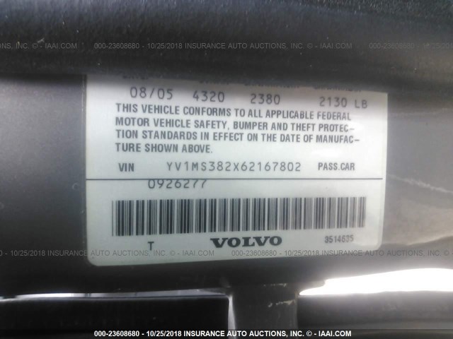 YV1MS382X62167802 - 2006 VOLVO S40 2.4I GRAY photo 9