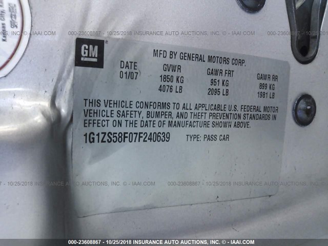 1G1ZS58F07F240639 - 2007 CHEVROLET MALIBU LS 银色 照片 9