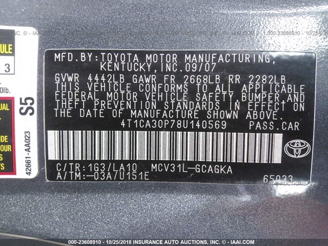 4T1CA30P78U140569 - 2008 TOYOTA CAMRY SOLARA SE/SLE/SPORT GRAY photo 9