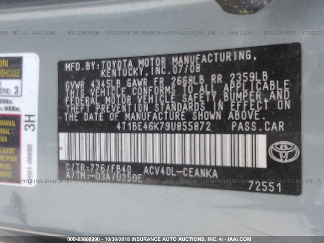 4T1BE46K79U855872 - 2009 TOYOTA CAMRY SE/LE/XLE 绿色 照片 9