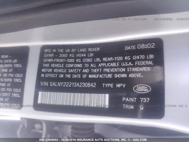 SALNY22213A230842 - 2003 LAND ROVER FREELANDER SE SILVER photo 9