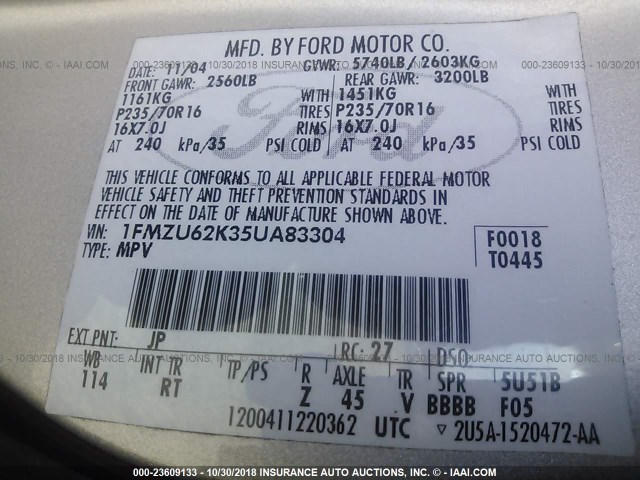 1FMZU62K35UA83304 - 2005 FORD EXPLORER XLS/XLS SPORT SILVER photo 9