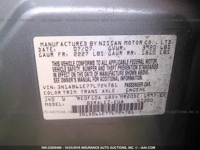 3N1AB61E77L724781 - 2007 NISSAN SENTRA 2.0/2.0S/2.0SL GREEN photo 9