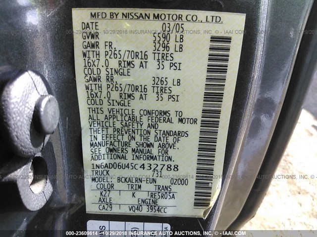 1N6AD06U45C432788 - 2005 NISSAN FRONTIER KING CAB LE/SE/OFF ROAD GRAY photo 9