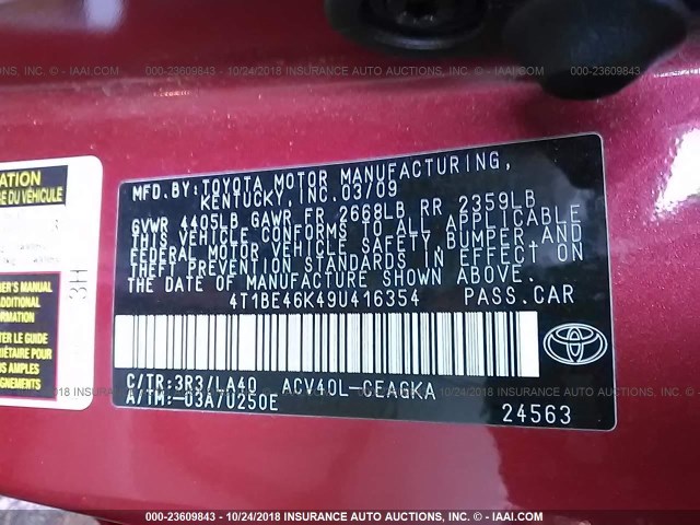 4T1BE46K49U416354 - 2009 TOYOTA CAMRY SE/LE/XLE RED photo 9