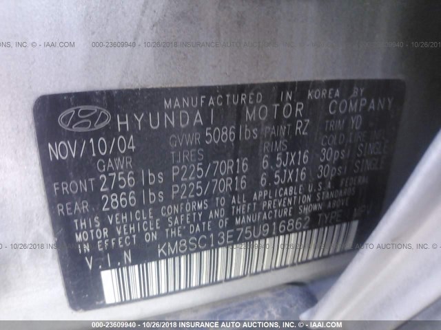 KM8SC13E75U916862 - 2005 HYUNDAI SANTA FE GLS/LX SILVER photo 9