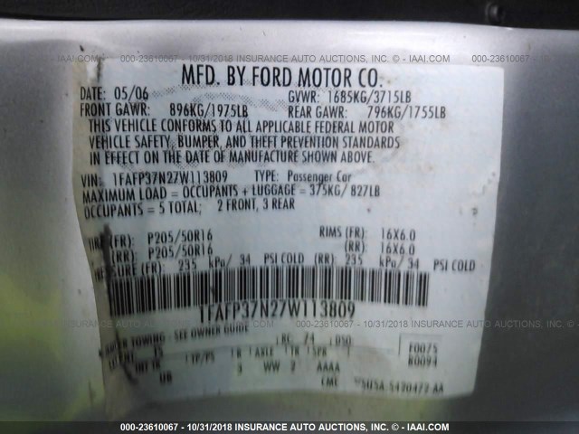 1FAFP37N27W113809 - 2007 FORD FOCUS ZX5/S/SE/SES SILVER photo 9