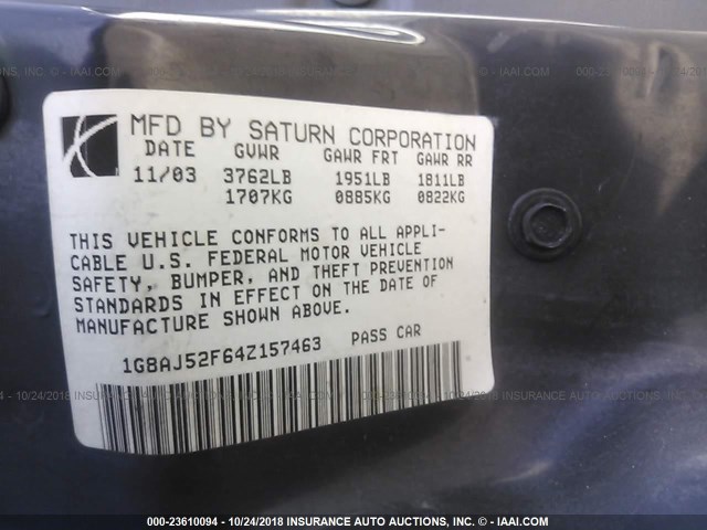 1G8AJ52F64Z157463 - 2004 SATURN ION LEVEL 2 WHITE photo 9