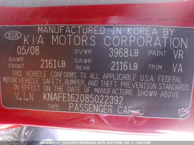 KNAFE162085022392 - 2008 KIA SPECTRA5 5 SX RED photo 9