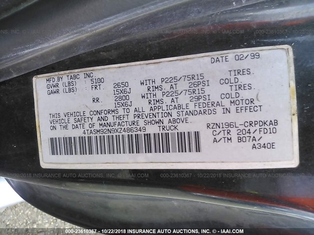 4TASM92N9XZ486349 - 1999 TOYOTA TACOMA XTRACAB PRERUNNER შავი ფოტო 9