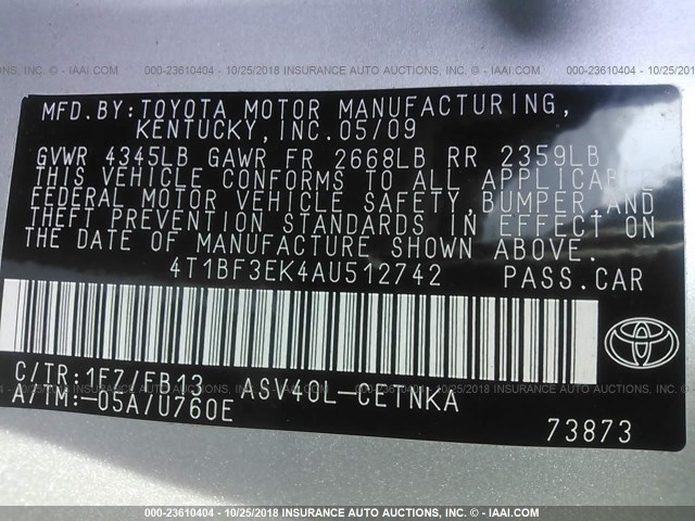 4T1BF3EK4AU512742 - 2010 TOYOTA CAMRY SE/LE/XLE SILVER photo 9