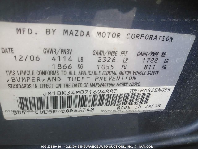 JM1BK34M071694887 - 2007 MAZDA SPEED 3 BLUE photo 9