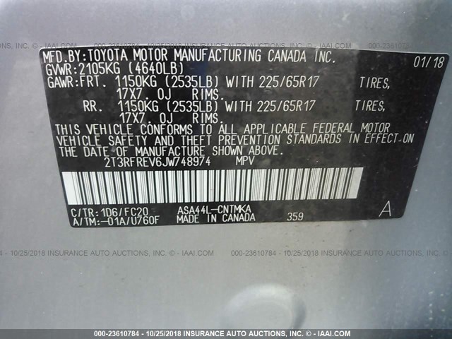 2T3RFREV6JW748974 - 2018 TOYOTA RAV4 ADVENTURE/XLE SILVER photo 9