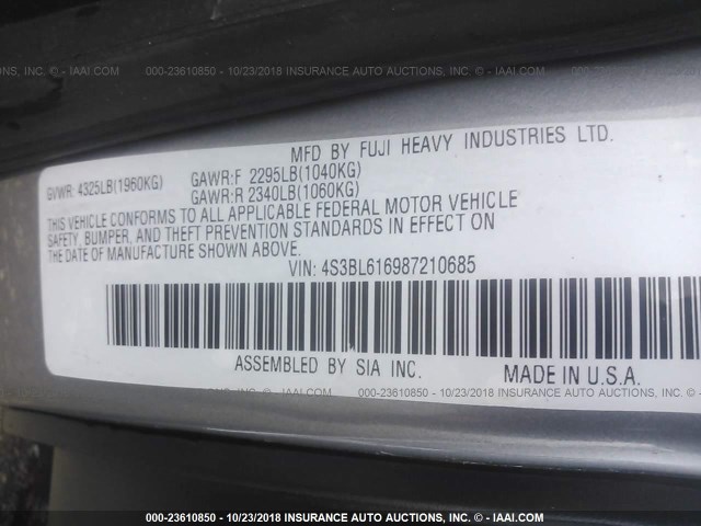 4S3BL616987210685 - 2008 SUBARU LEGACY 2.5I GRAY photo 9