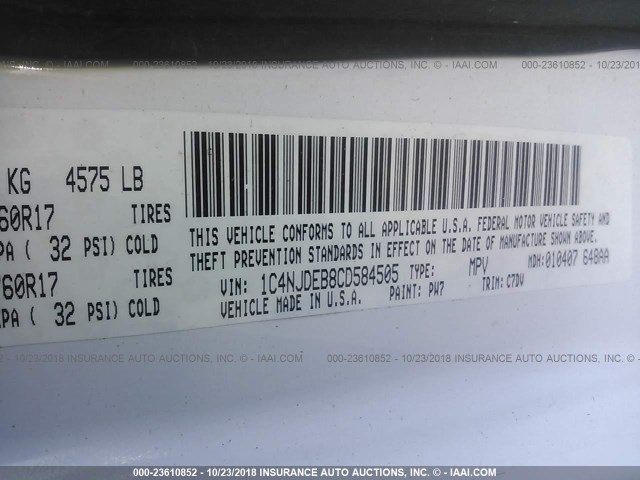 1C4NJDEB8CD584505 - 2012 JEEP COMPASS LATITUDE თეთრი ფოტო 9