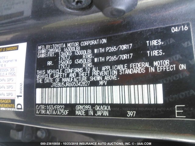 JTEBU5JR6G5342827 - 2016 TOYOTA 4RUNNER SR5 PREM/LTDL/TRAIL/TRD 灰色 照片 9