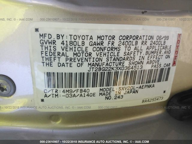 JT2BG22K3X0364513 - 1999 TOYOTA CAMRY LE/XLE BEIGE photo 9