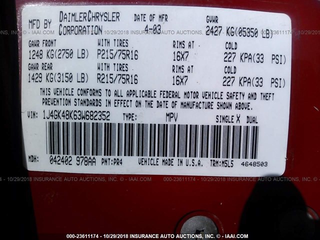 1J4GK48K63W682352 - 2003 JEEP LIBERTY SPORT/FREEDOM წითელი ფოტო 9