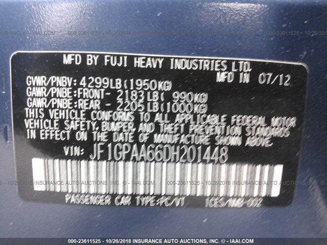 JF1GPAA66DH201448 - 2013 SUBARU IMPREZA BLUE photo 9