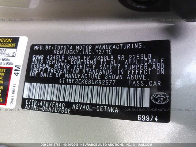 4T1BF3EK6BU692677 - 2011 TOYOTA CAMRY SE/LE/XLE TAN photo 9