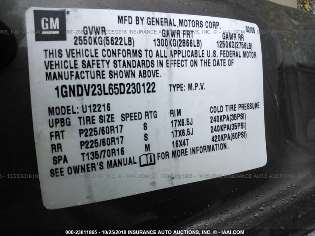 1GNDV23L65D230122 - 2005 CHEVROLET UPLANDER LS 棕色 照片 9