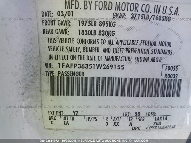 1FAFP36351W269155 - 2001 FORD FOCUS SE/SE COMFORT WHITE photo 9