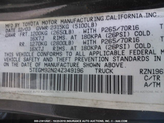 5TEGM92N24Z349196 - 2004 TOYOTA TACOMA DOUBLE CAB PRERUNNER BLACK photo 9