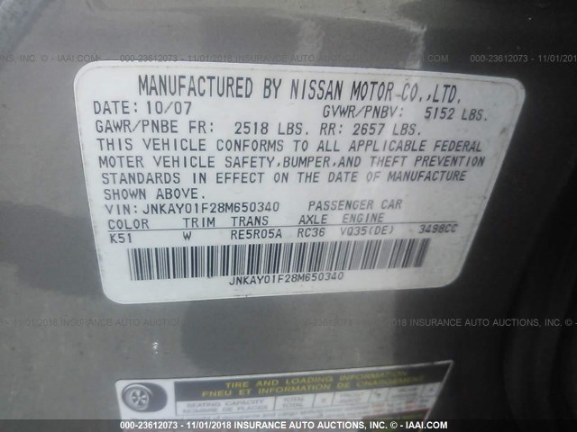 JNKAY01F28M650340 - 2008 INFINITI M35 SPORT GRAY photo 9