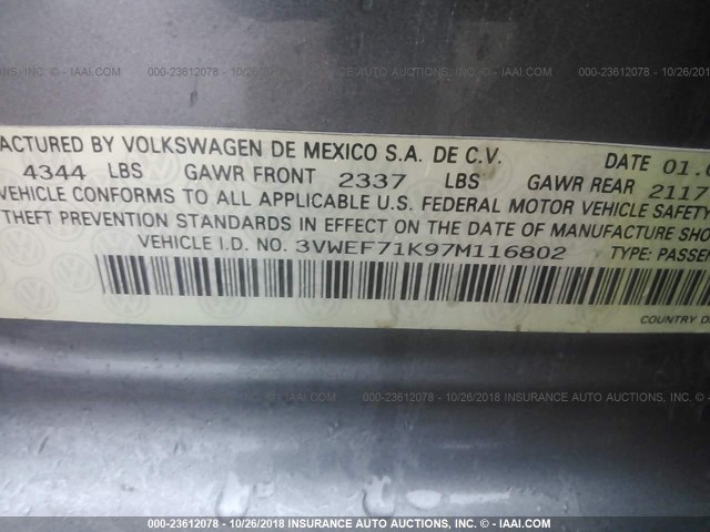 3VWEF71K97M116802 - 2007 VOLKSWAGEN JETTA WOLFSBURG 灰色 照片 9
