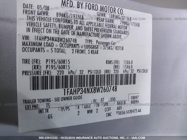 1FAHP34NX8W260748 - 2008 FORD FOCUS S/SE SILVER photo 9