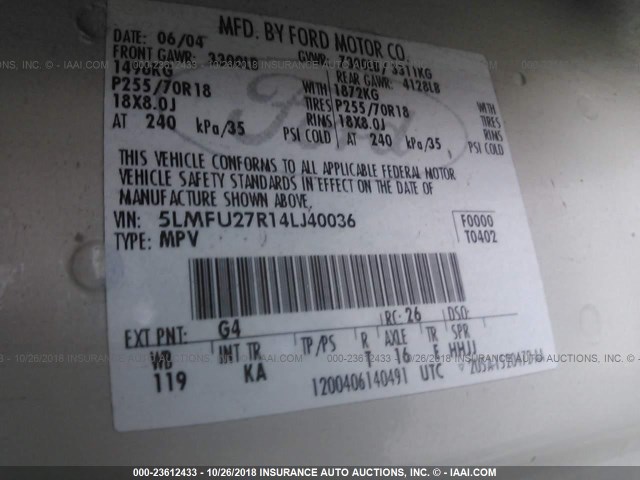 5LMFU27R14LJ40036 - 2004 LINCOLN NAVIGATOR Ақ фото 9