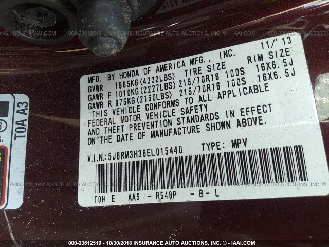 5J6RM3H38EL015440 - 2014 HONDA CR-V LX MAROON photo 9